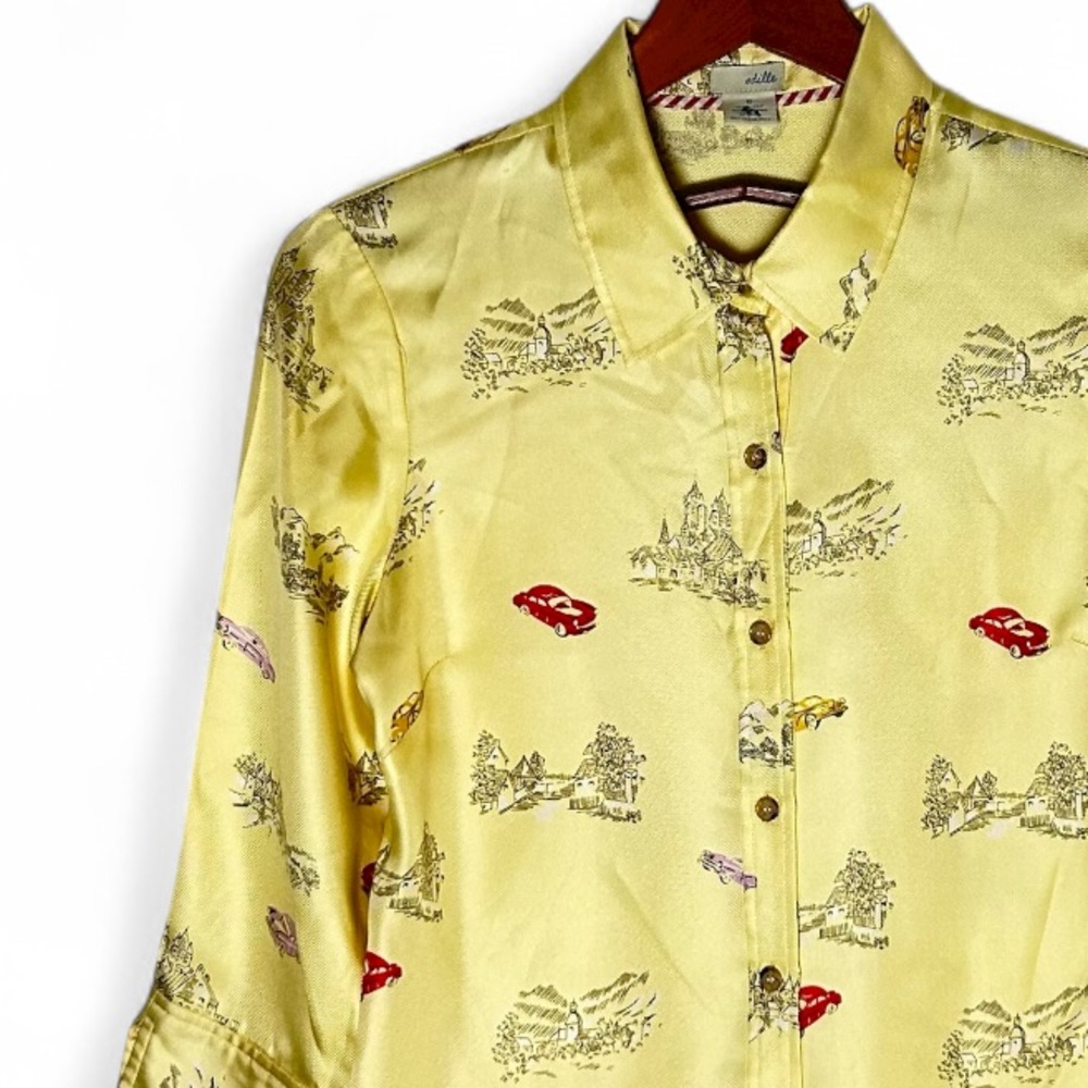 Vintage Y2K Odille Silk Blouse Anthropologie Yellow Toile Lip Print Size 6